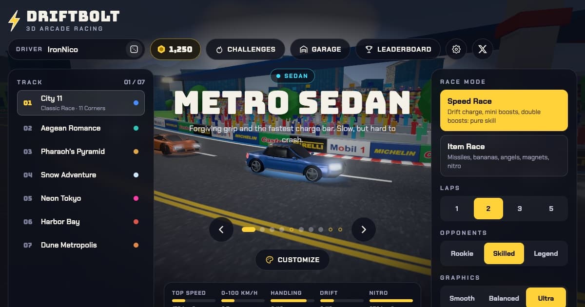 Drift Bolt's garage: a blue sedan on the City 11 track, with the track list and race modes